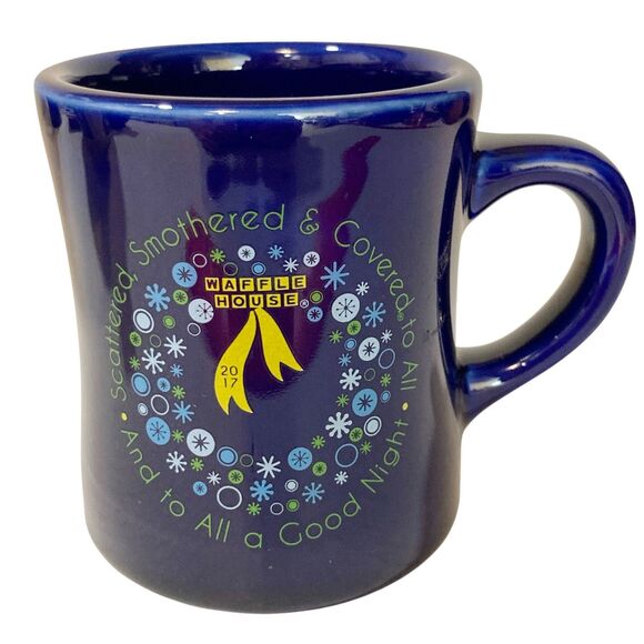 Cobalt Blue Ceramic Waffle House Christmas Coffee Mug Cup 2017 Snowflakes Tuxton - Picture 1 of 9